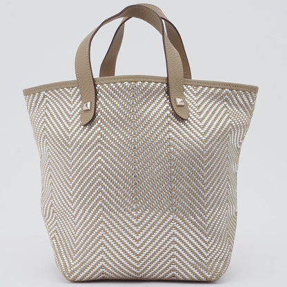 Hermes Beige Silver Polyester Leather Handbag Tote Bag ( )