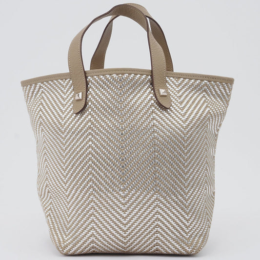 Hermes Beige Silver Polyester Leather Handbag Tote Bag ( )