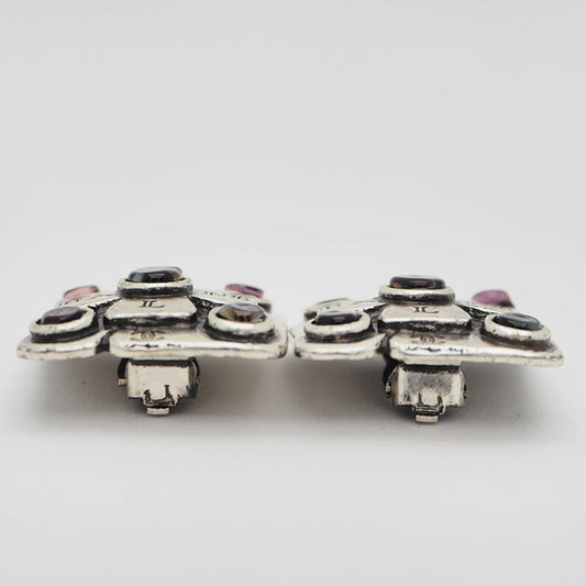 CHANEL 99A   Cambon Square Color Stone Earrings Antique Silver Pink