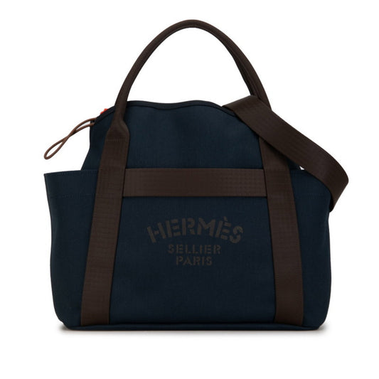 Hermes Brown Navy Canvas Leather Handbag Shoulder Bag Tote Bag ( )