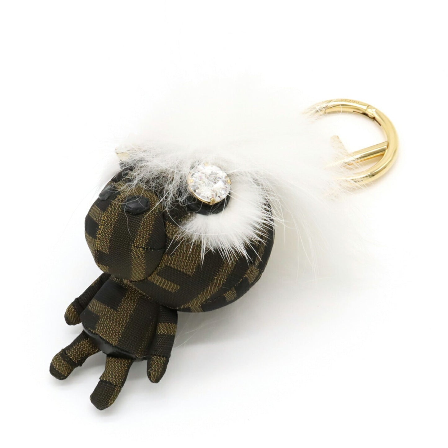 FENDI Zucca Space Monkey Bag Charm Key Holder Nylon Canvas Fur Khaki Dark Brown
