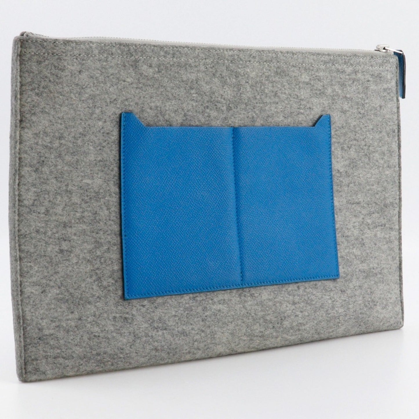 Hermes Blue Gray Felt Epsom Leather Clutch Bag ( )