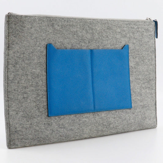 Hermes Blue Gray Felt Epsom Leather Clutch Bag ( )