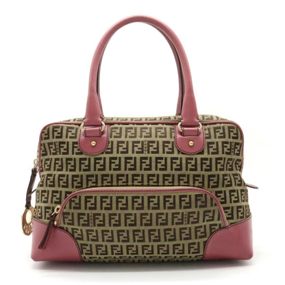 FENDI Zucchino Zucca Pattern Tote Bag Handbag Canvas Leather Khaki Beige Rose Pink 8BL076