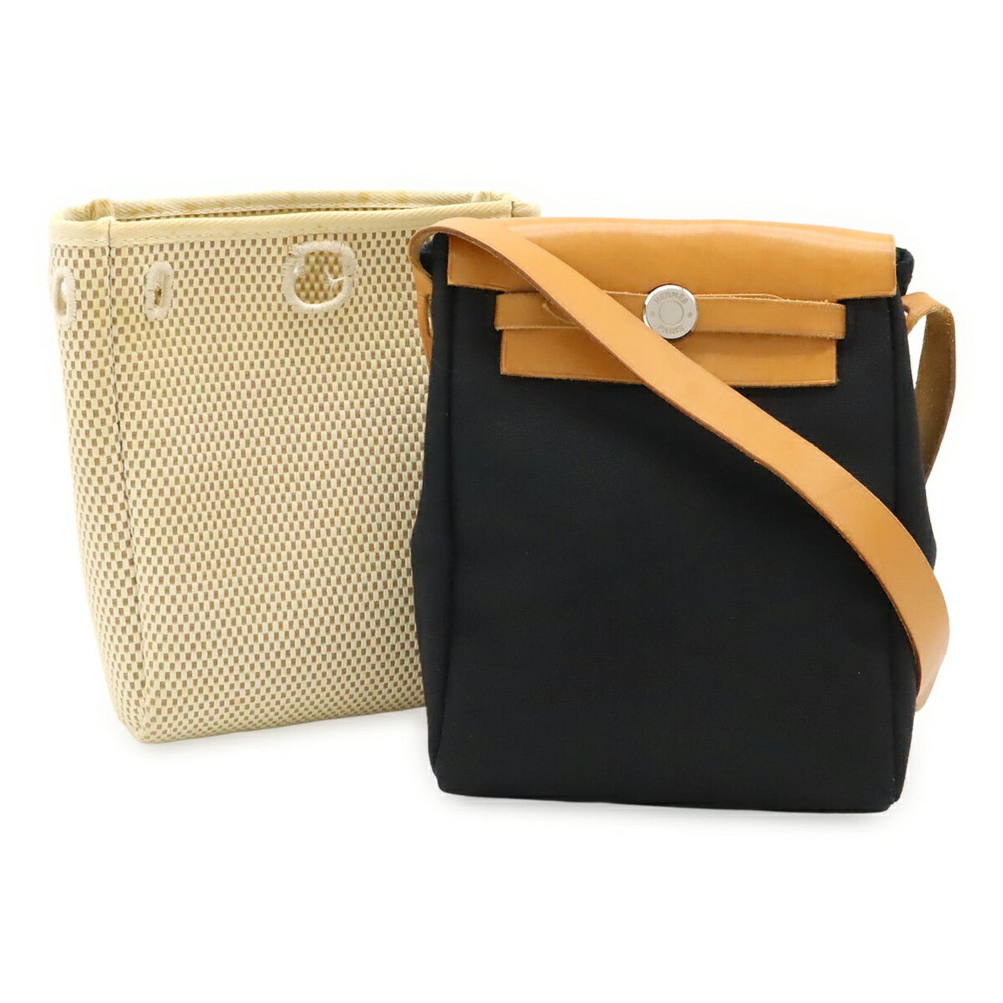 Hermes Black Natural Toile Officier Leather Pochette Shoulder Bag ( )