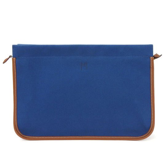 Hermes Brown Navy Canvas Leather Clutch Bag ( )
