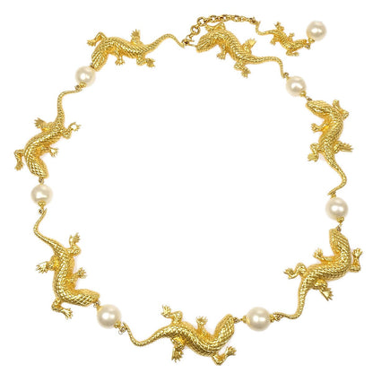 CHANEL 1991 Chain Belt Lizard Charm Faux Pearl Gold 40399