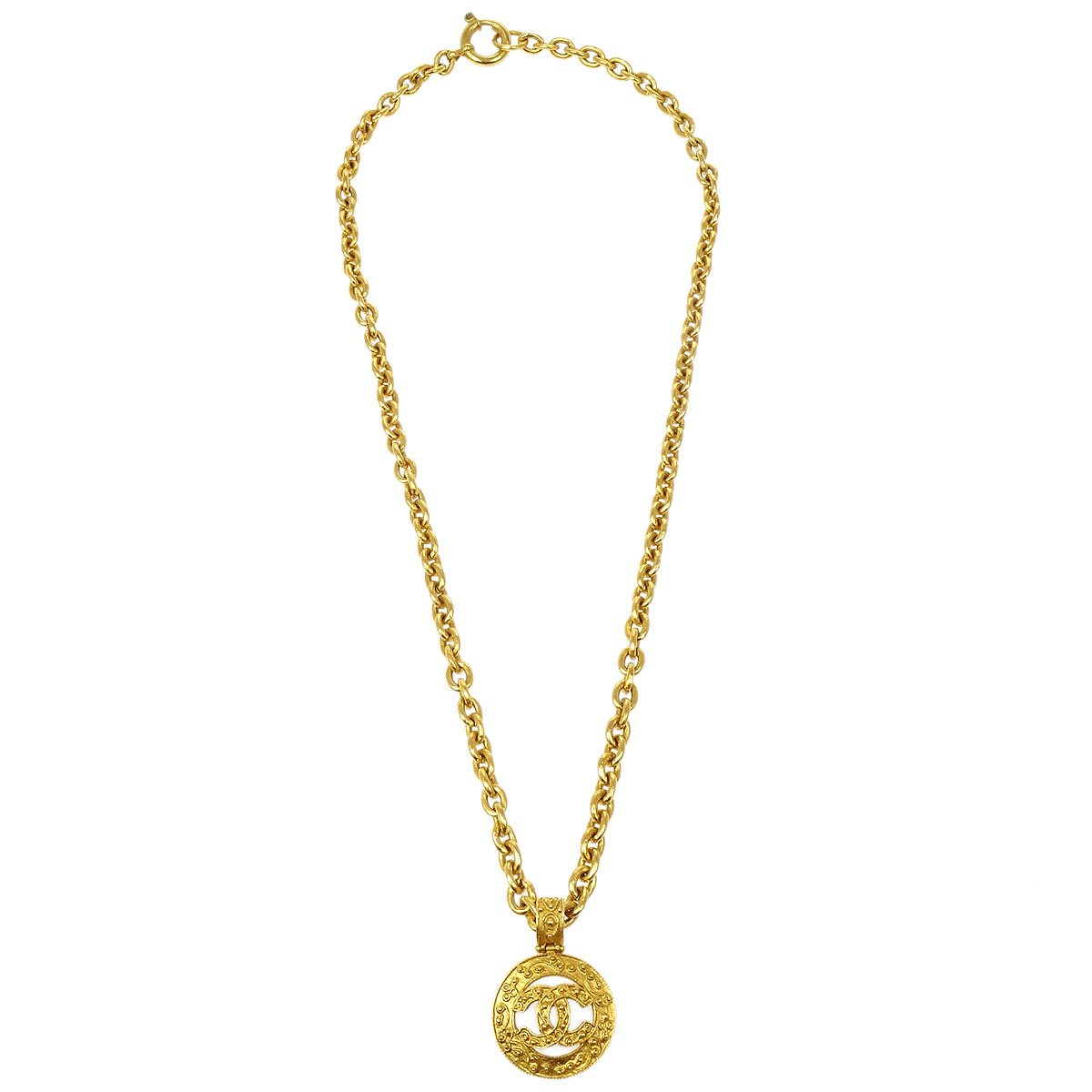 CHANEL Cutout Medallion Gold Pendant Necklace 90200