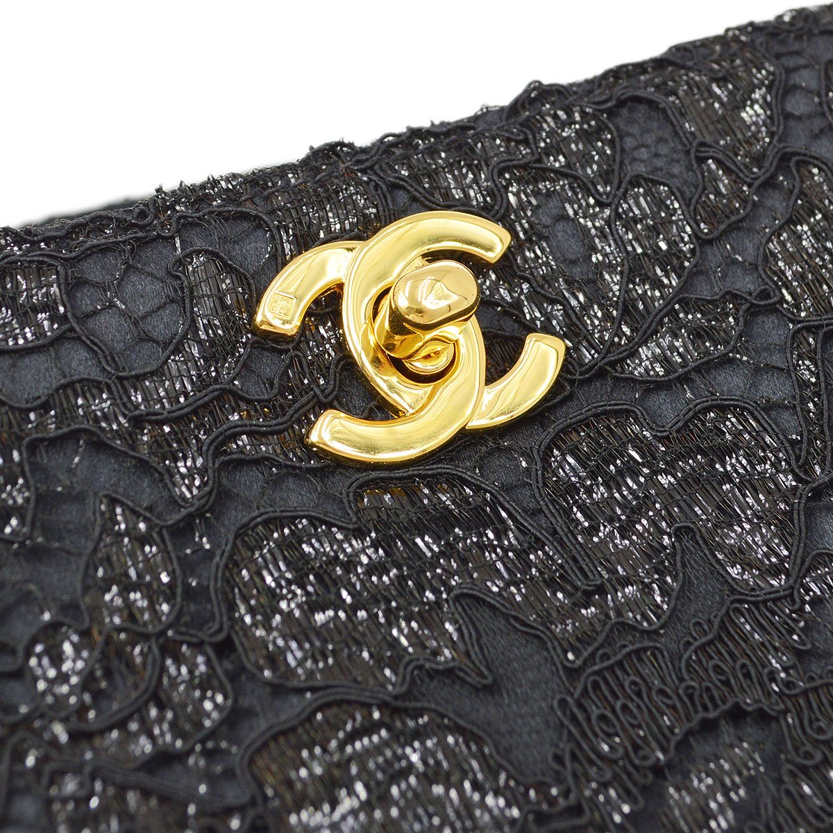 CHANEL 1997-1999 Black Satin Lace Both Side Turnlock Handbag 81287