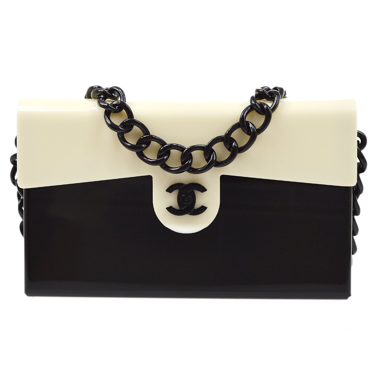 CHANEL 2000-2001 Chain Shoulder Bag Black White Plastic 82458