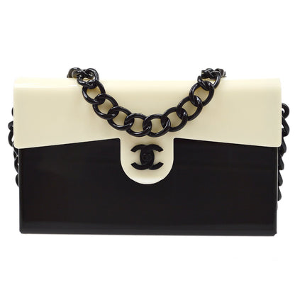CHANEL 2000-2001 Chain Shoulder Bag Black White Plastic 82458