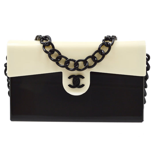 CHANEL 2000-2001 Chain Shoulder Bag Black White Plastic 82458