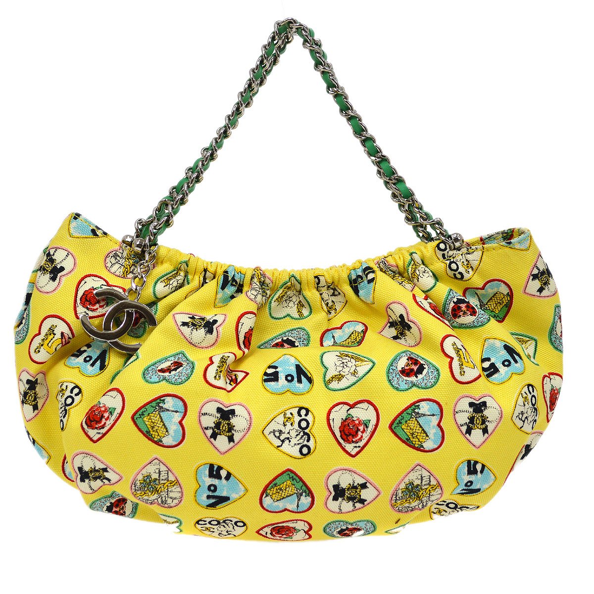 CHANEL 2005-2006 Valentine Heart Printed Handbag Yellow Canvas 92999