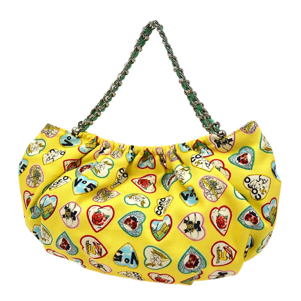 CHANEL 2005-2006 Valentine Heart Printed Handbag Yellow Canvas 92999