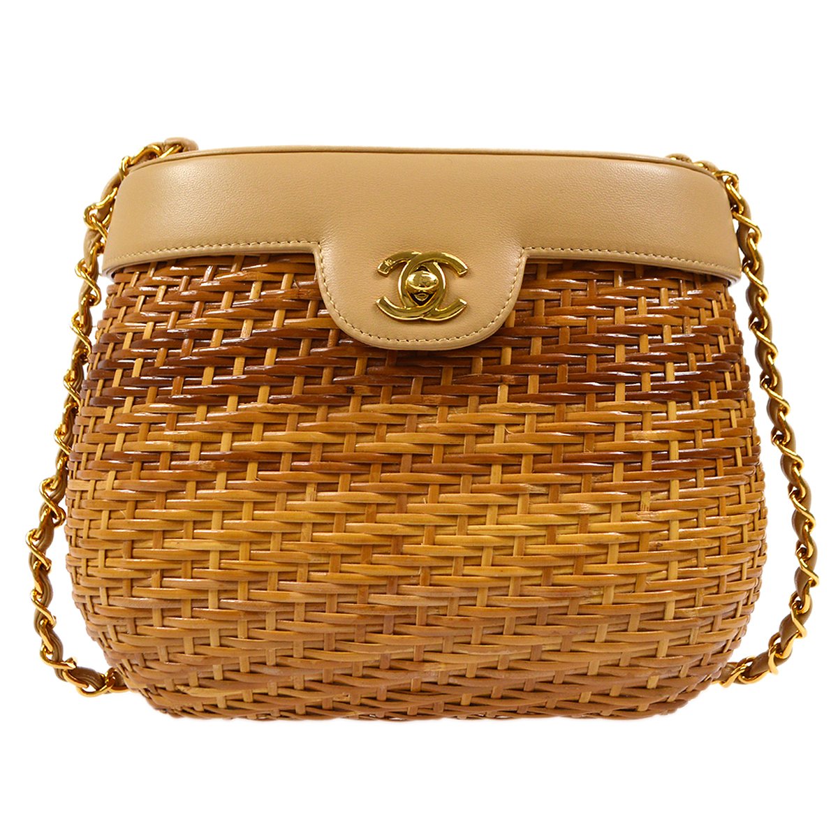 CHANEL 1997-1999 Basket Chain Shoulder Bag Beige Rattan