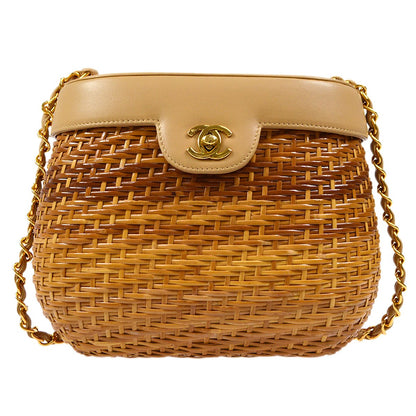 CHANEL 1997-1999 Basket Chain Shoulder Bag Beige Rattan