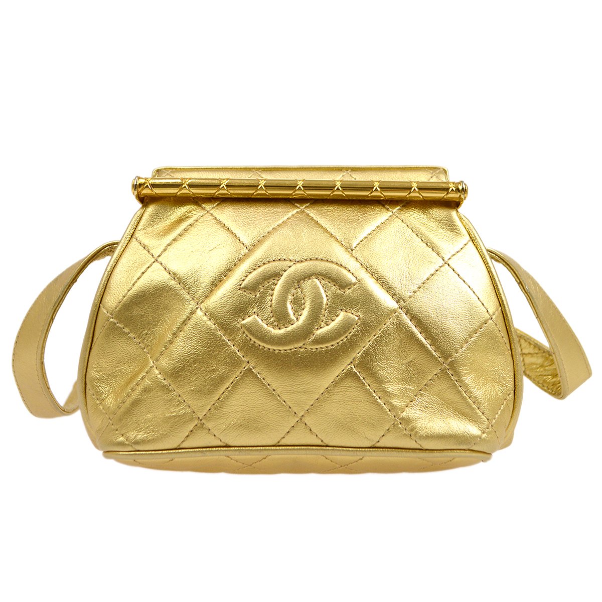 CHANEL 1989-1991 Gold Lambskin Quilted Pochette JT07220c