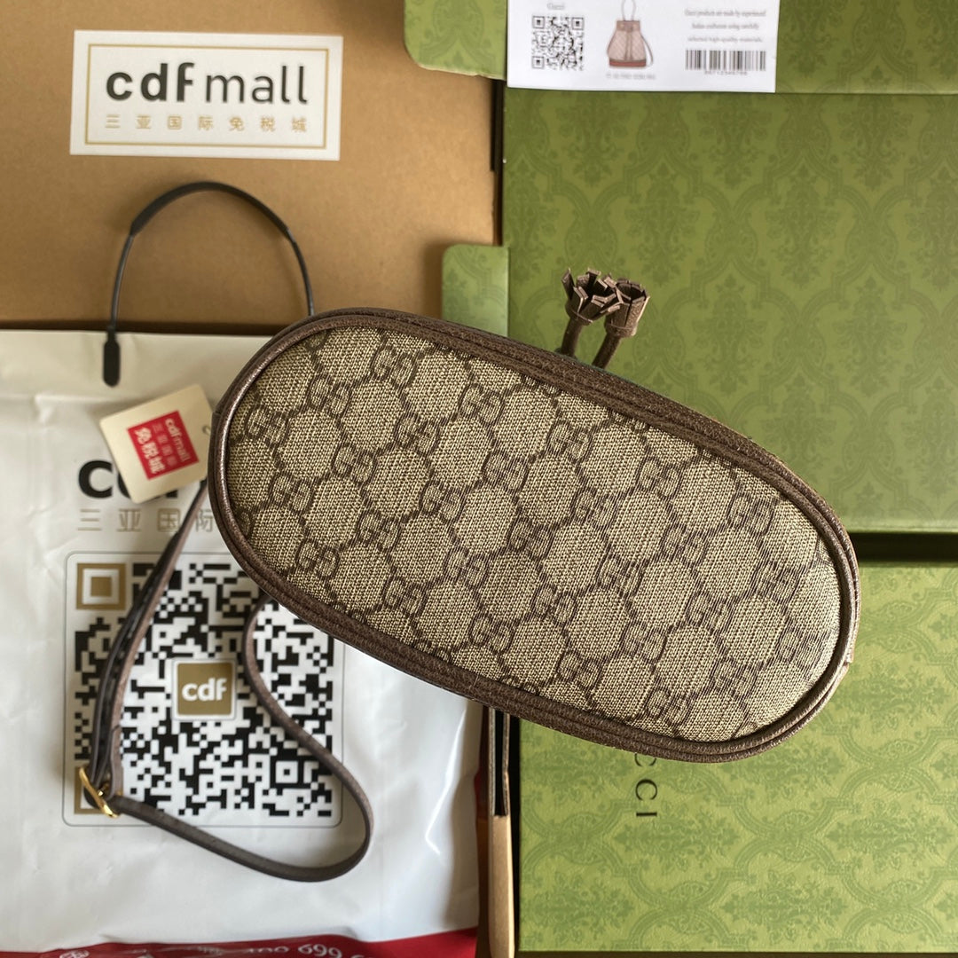 OPHIDIA MEDIUM BUCKET BAG 26 WITH WEB IN BEIGE EBONY CANVAS MIX BROWN CALFSKIN Amelia Amelia