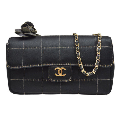CHANEL 2003-2004 Camellia Choco Bar Chain Shoulder Bag Black Satin 00704