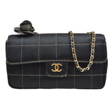 CHANEL 2003-2004 Camellia Choco Bar Chain Shoulder Bag Black Satin 00704