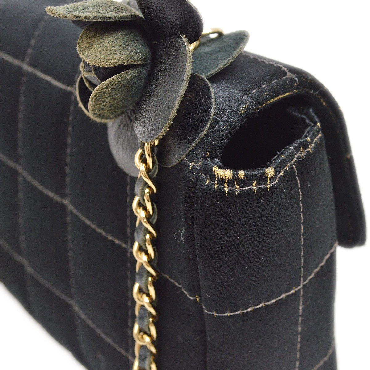 CHANEL 2003-2004 Camellia Choco Bar Chain Shoulder Bag Black Satin 00704