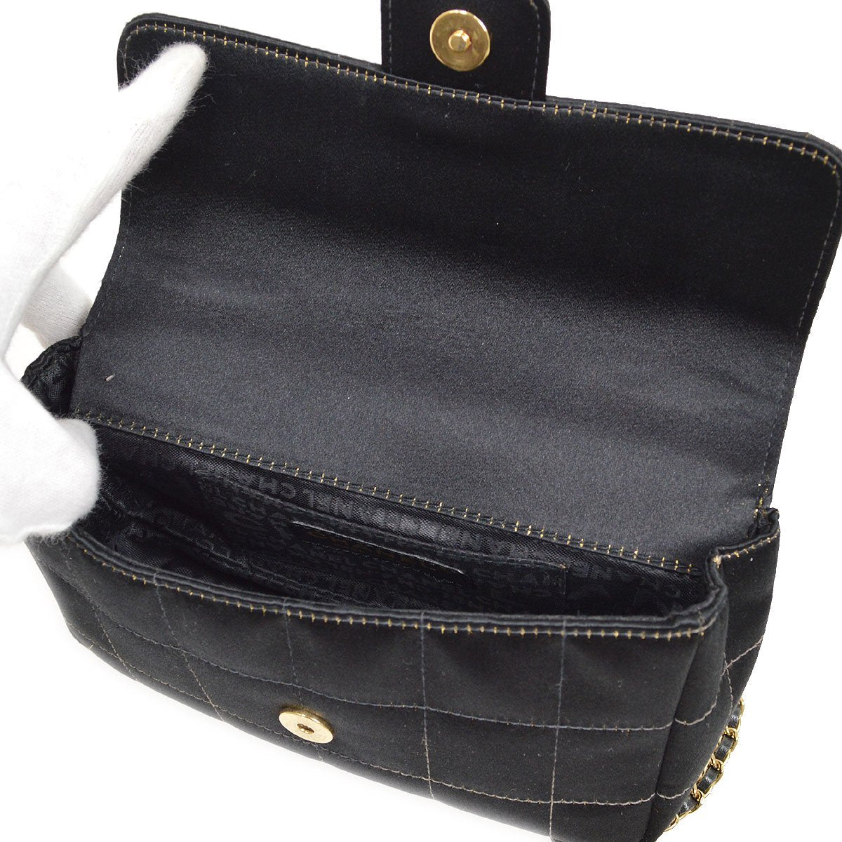 CHANEL 2003-2004 Camellia Choco Bar Chain Shoulder Bag Black Satin 00704