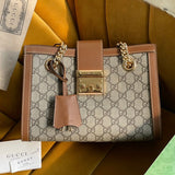 GG PADLOCK MEDIUM 26 SHOULDER BAG BEIGE CANVAS AND BROWN CALFSKIN Amelia