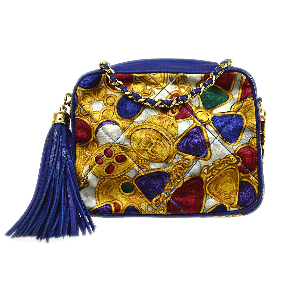 CHANEL 1986-1989 Blue Lambskin Satin Quilted Bijoux Printed Camera Bag
