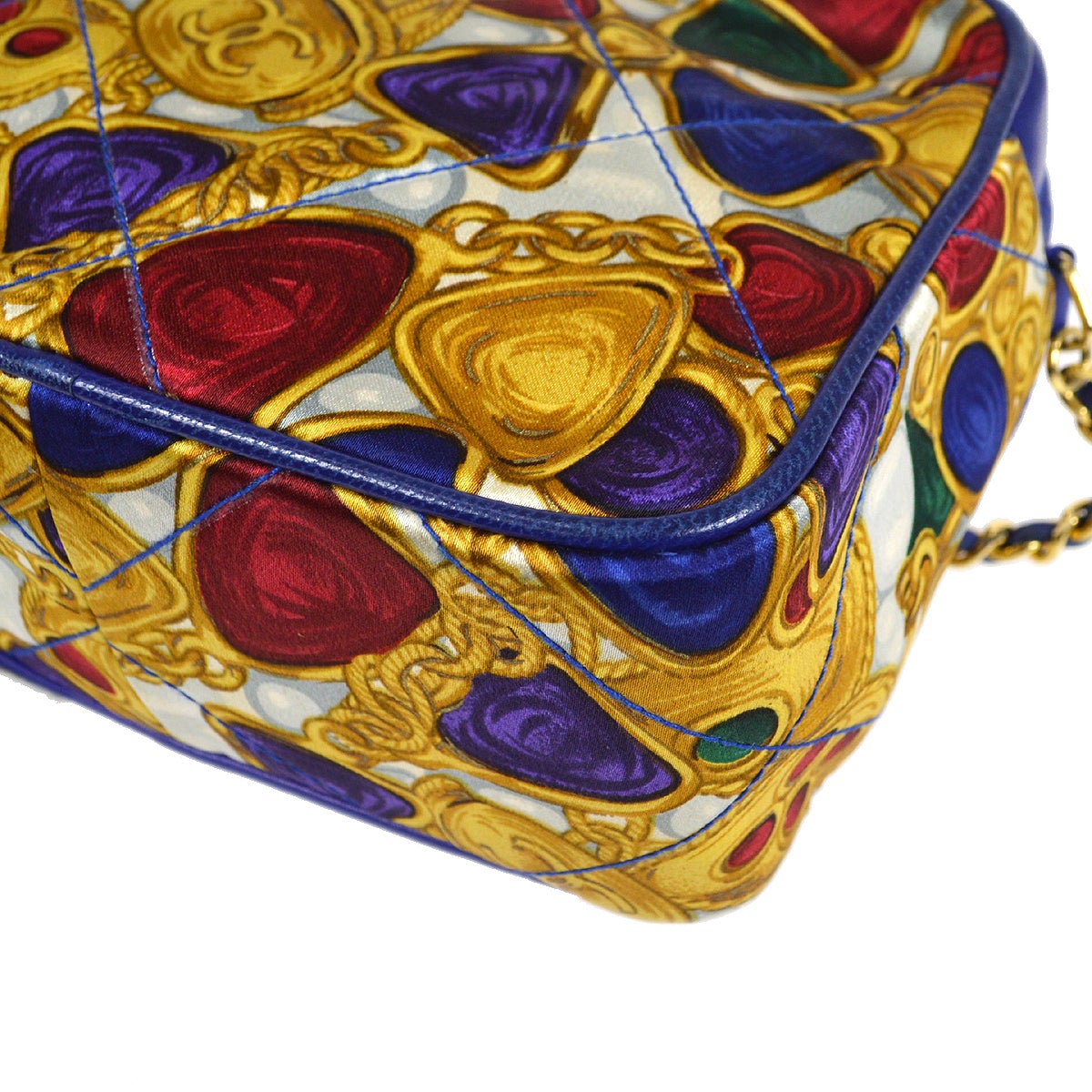 CHANEL 1986-1989 Blue Lambskin Satin Quilted Bijoux Printed Camera Bag