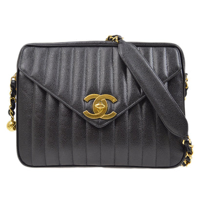 CHANEL 1994-1996 Black Caviar Vertical Pocket Camera Bag Jumbo 43917
