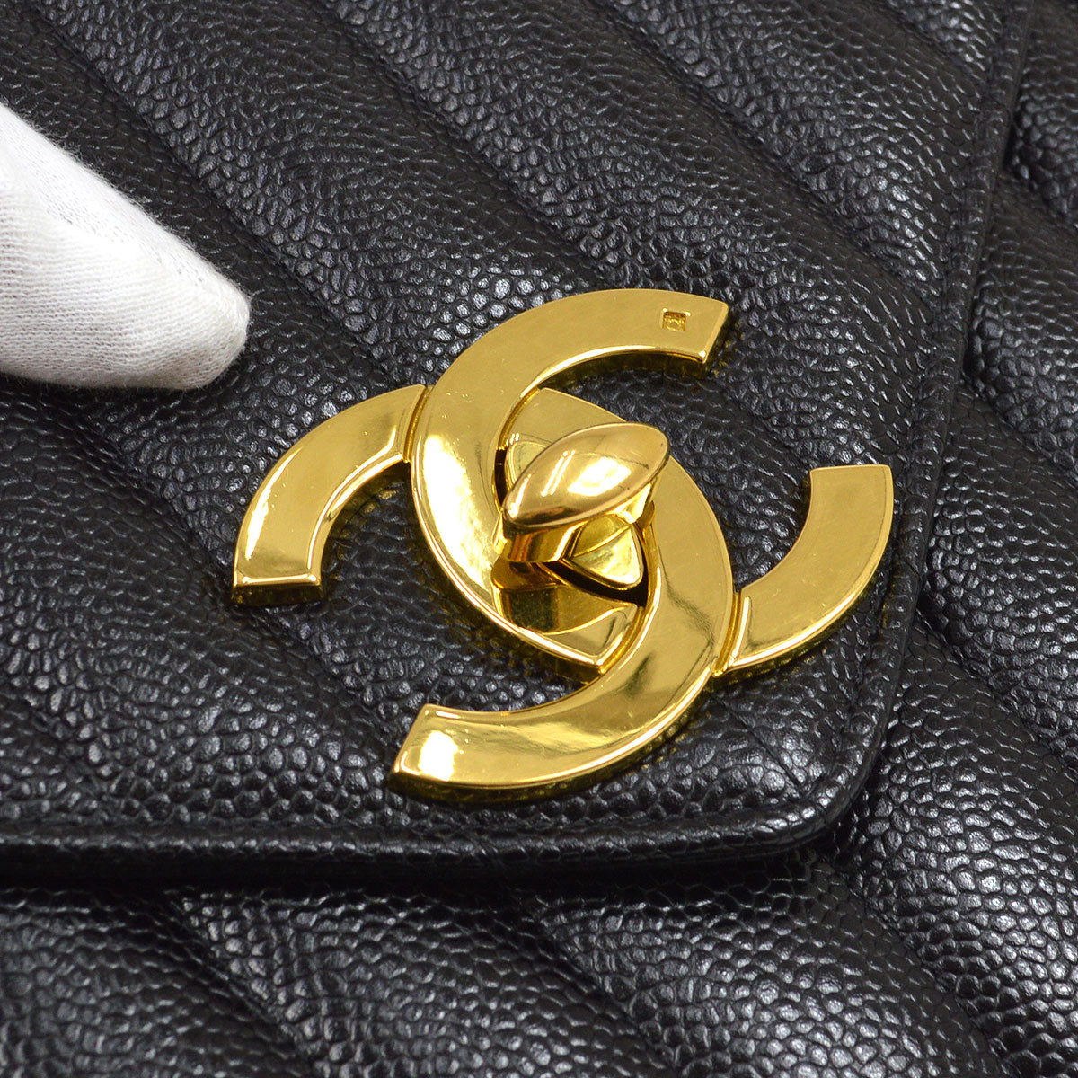 CHANEL 1994-1996 Black Caviar Vertical Pocket Camera Bag Jumbo 43917
