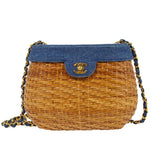 CHANEL 1997-1999 Basket Chain Straw Shoulder Bag Denim Indigo K08317e