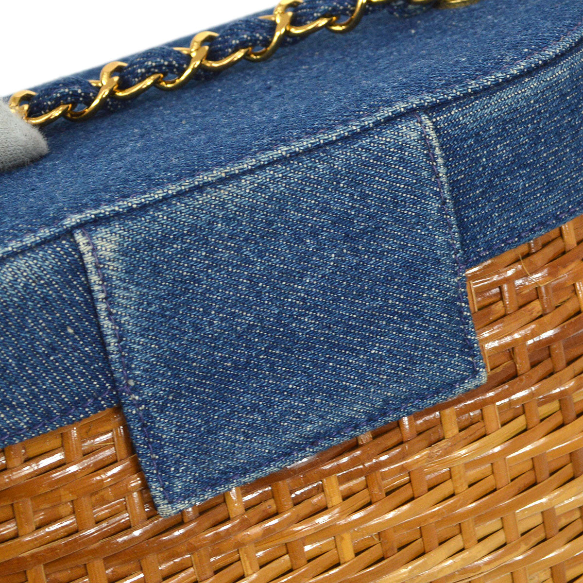 CHANEL 1997-1999 Basket Chain Straw Shoulder Bag Denim Indigo K08317e