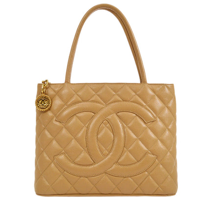 CHANEL 2003-2004 Beige Caviar Medallion Tote