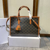 CELINE 25S HORIZONTAL CABAS 34MM IN BLACK TRIOMPHE CANVAS AND BROWN CALFSKIN Amelia