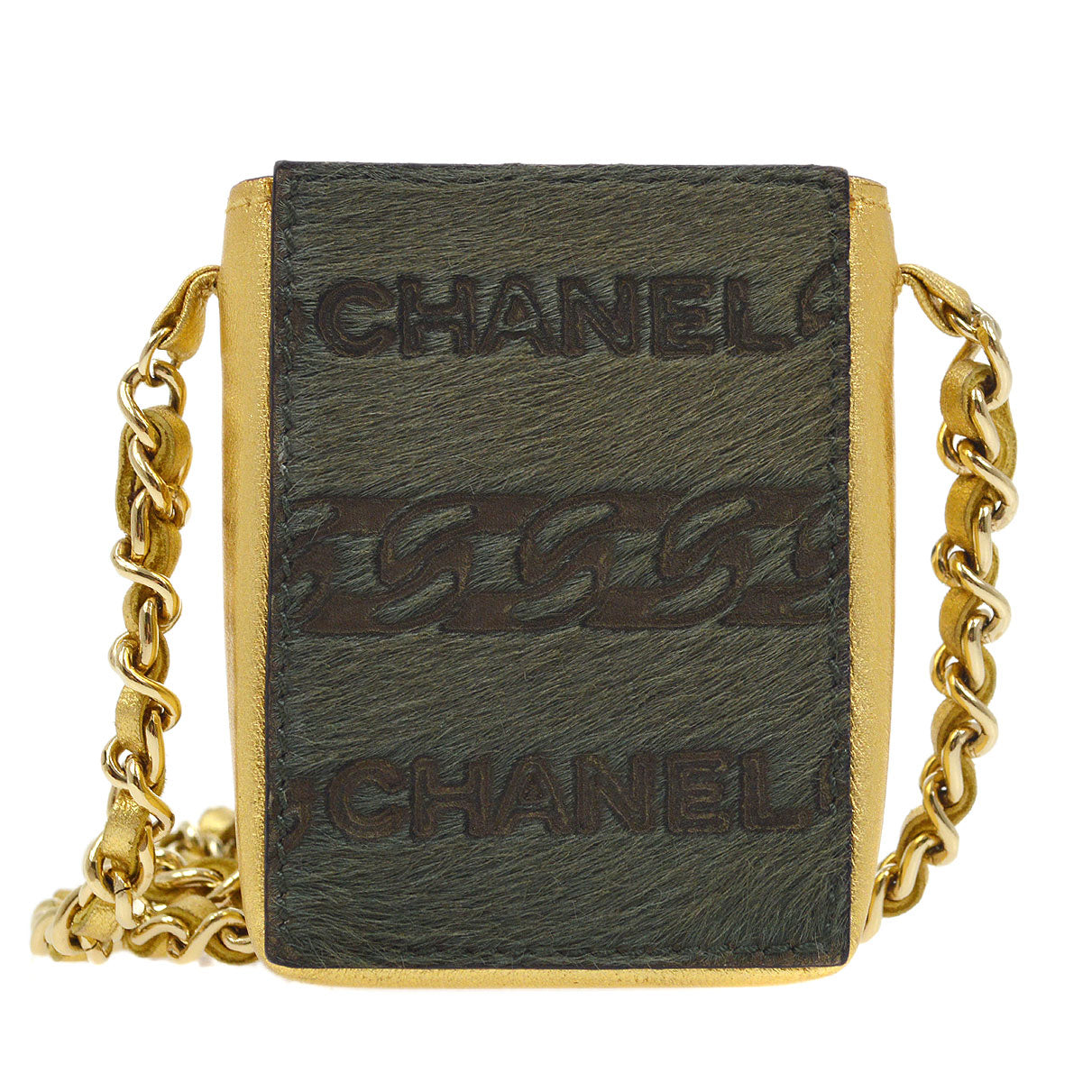 CHANEL 2000-2001 Chain Mini Shoulder Pochette Pony Hair Khaki