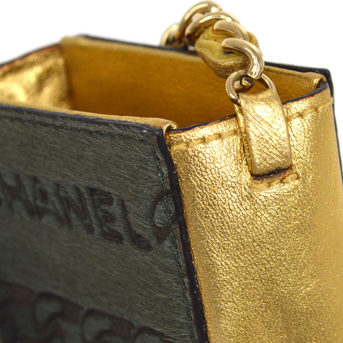 CHANEL 2000-2001 Chain Mini Shoulder Pochette Pony Hair Khaki