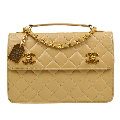 CHANEL 1989-1991 Double Turnlock Handbag Beige Lambskin