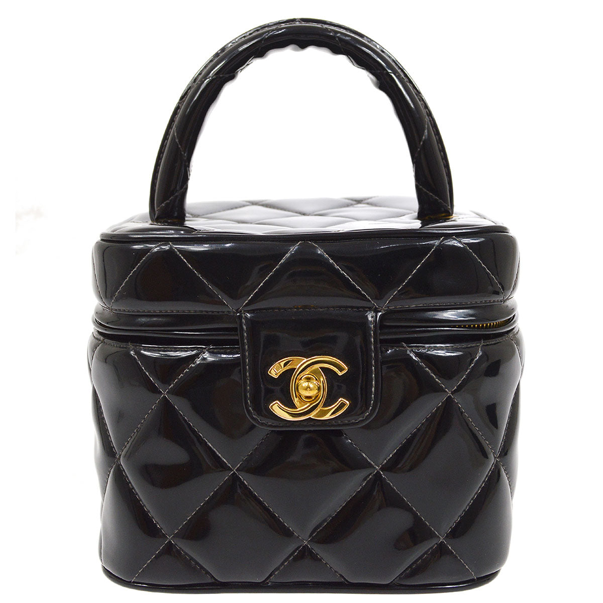 CHANEL 1995 Heart Mirror Vanity Handbag Black Patent Leather AK31412b