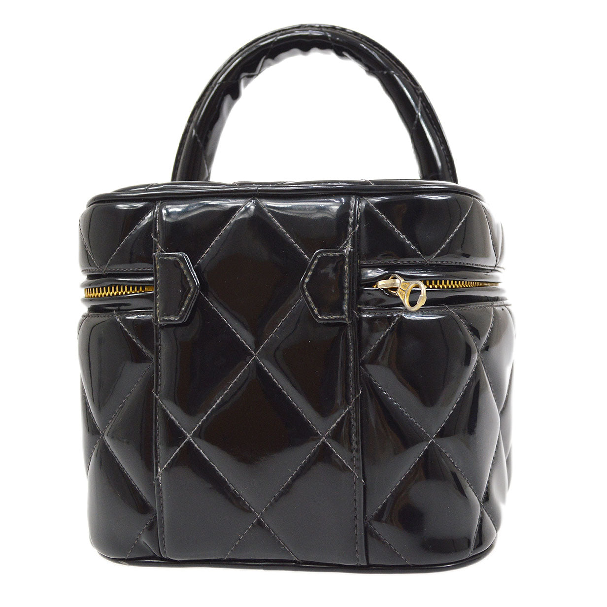 CHANEL 1995 Heart Mirror Vanity Handbag Black Patent Leather AK31412b