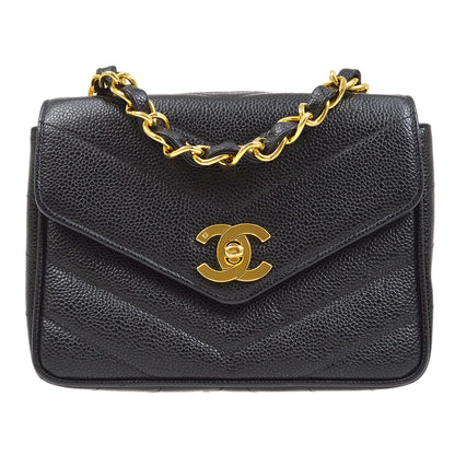 CHANEL 1994-1996 Chevron Letter Flap Mini Black Caviar