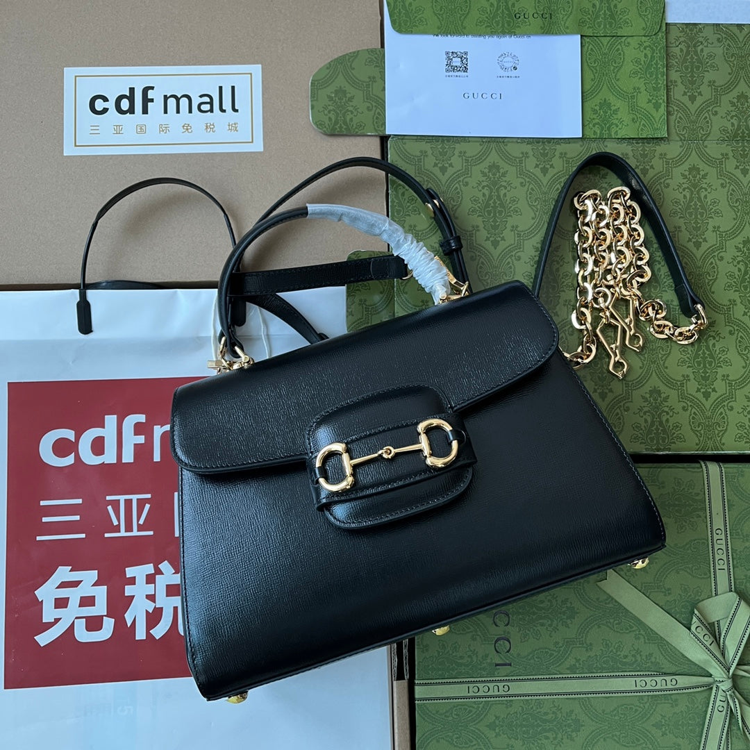 HORSEBIT 1955 MEDIUM TOP HANDLE BAG 29 IN BLACK CALFSKIN GOLD HARDWARE Amelia