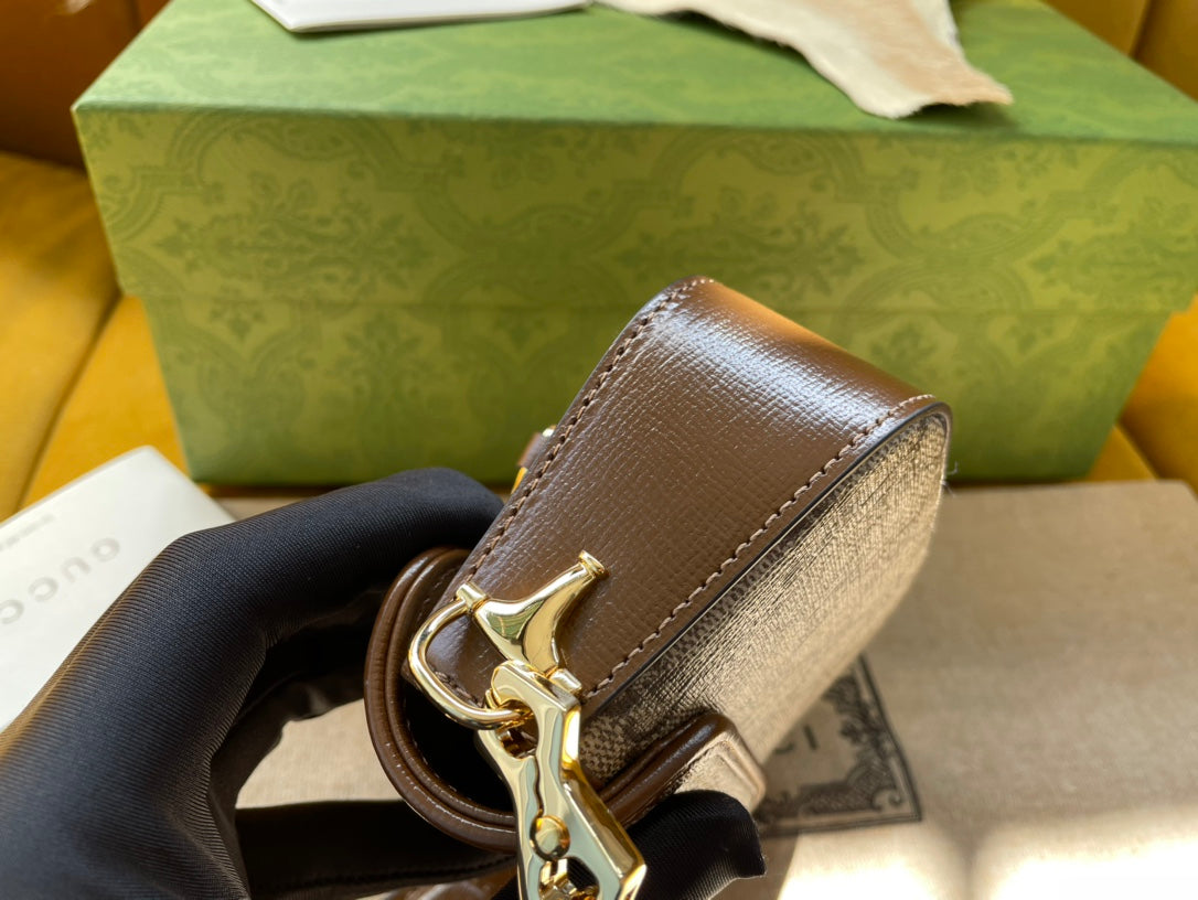 GG 12 HORSEBIT 1955 SUPER MINI BAG BEIGE CANVAS AND EBONY CALFSKIN Amelia