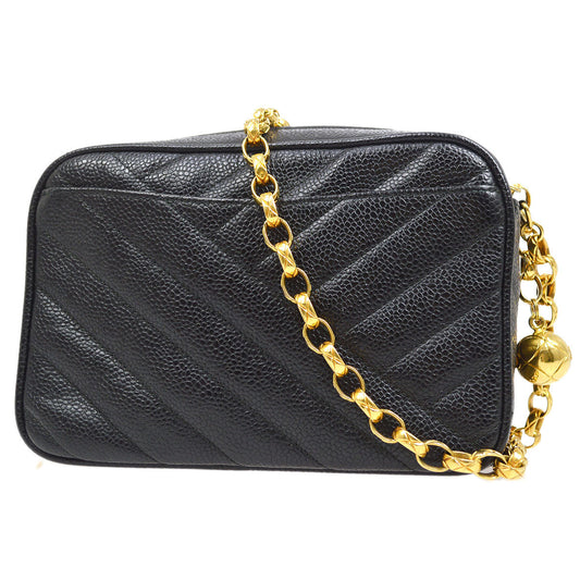 CHANEL 1991-1994 Diagonal Camera Bag Mini Black Caviar