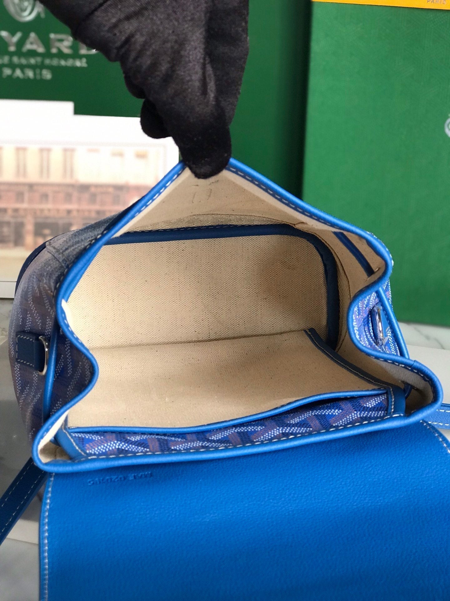 ALPIN MINI BACKPACK 21 IN SAPPHIRE BLUE LAMBSKIN AND GOYARDINE CANVAS by Amelia