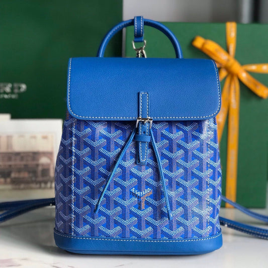 ALPIN MINI BACKPACK 21 IN SAPPHIRE BLUE LAMBSKIN AND GOYARDINE CANVAS Amelia
