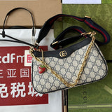 OPHIDIA SMALL SHOULDER BAG 25 IN BEIGE CANVAS AND BLACK LAMBSKIN GOLD HARDWARE Amelia