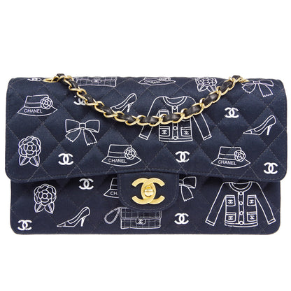 CHANEL 2001-2003 Icon Printed Classic Double Flap Medium Black