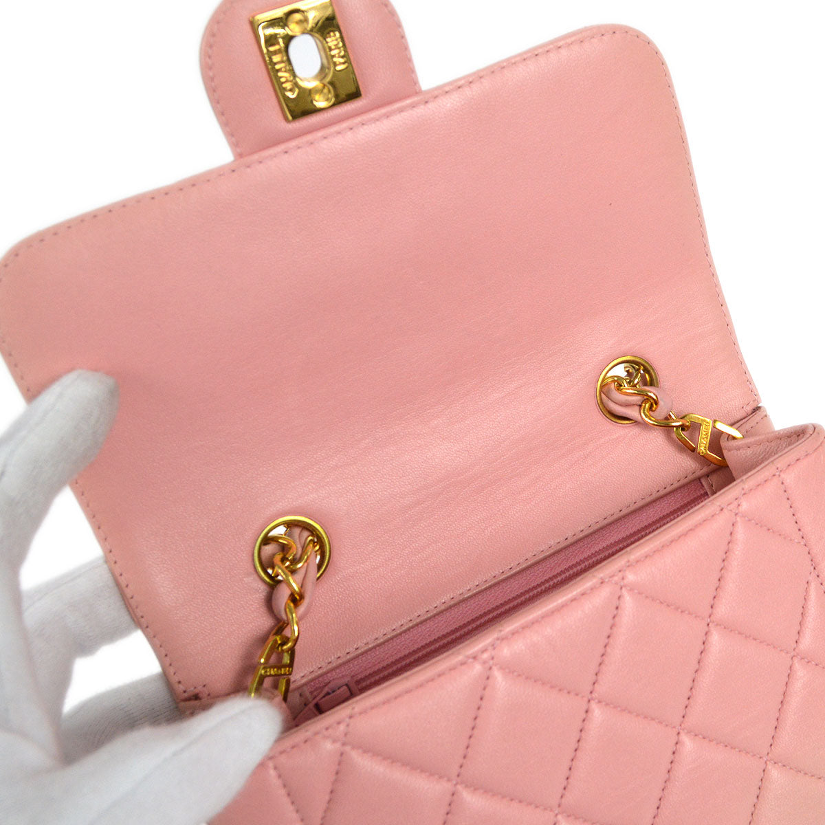 CHANEL Border Flap Handbag Mini Pink Lambskin 55257