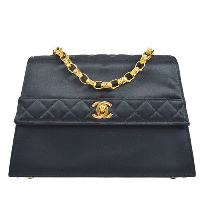CHANEL 1989-1991 Trapezoid Flap Mini & Pouch Set Black Satin